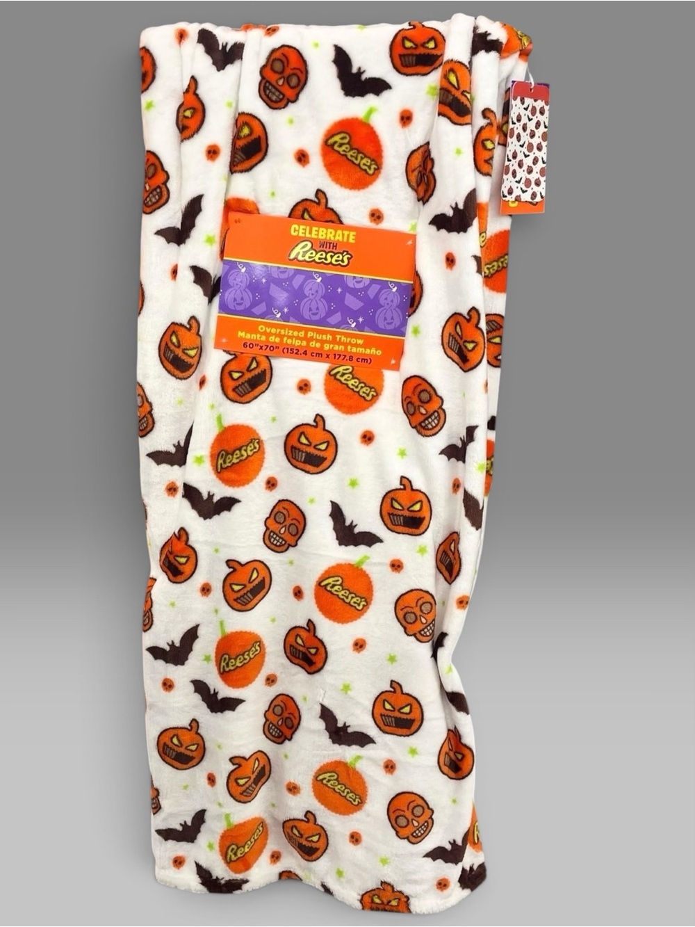 Reese's Plush Halloween Throw White Orange Candy Jack-O-Lantern Bats 60x70 NEW